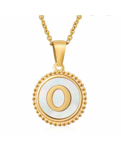 Simple Style Round Letter Inlay Shell Pendant Stainless Steel Necklace Colorza-White-O