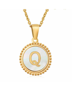 Simple Style Round Letter Inlay Shell Pendant Stainless Steel Necklace Colorza-White-Q