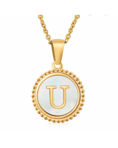 Simple Style Round Letter Inlay Shell Pendant Stainless Steel Necklace Colorza-White-U