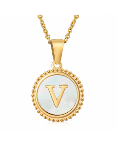 Simple Style Round Letter Inlay Shell Pendant Stainless Steel Necklace Colorza-White-V