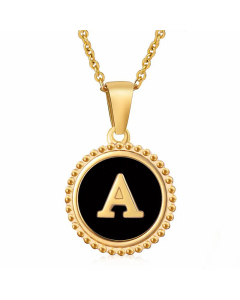 Simple Style Round Letter Inlay Shell Pendant Stainless Steel Necklace Colorza-Black-A
