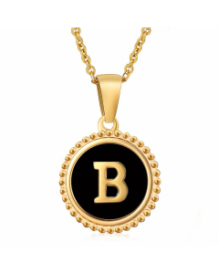 Simple Style Round Letter Inlay Shell Pendant Stainless Steel Necklace Colorza-Black-B