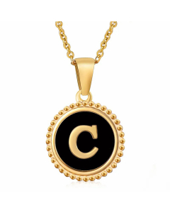 Simple Style Round Letter Inlay Shell Pendant Stainless Steel Necklace Colorza-Black-C