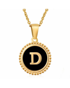 Simple Style Round Letter Inlay Shell Pendant Stainless Steel Necklace Colorza-Black-D