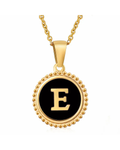 Simple Style Round Letter Inlay Shell Pendant Stainless Steel Necklace Colorza-Black-E