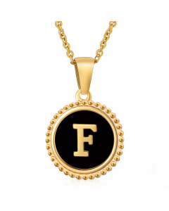Simple Style Round Letter Inlay Shell Pendant Stainless Steel Necklace Colorza-Black-F