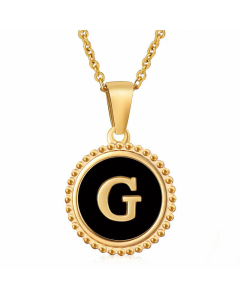 Simple Style Round Letter Inlay Shell Pendant Stainless Steel Necklace Colorza-Black-G