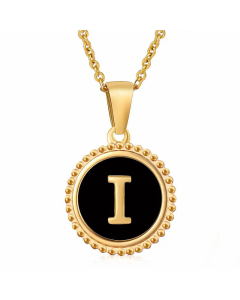 Simple Style Round Letter Inlay Shell Pendant Stainless Steel Necklace Colorza-Black-I