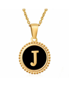 Simple Style Round Letter Inlay Shell Pendant Stainless Steel Necklace Colorza-Black-J