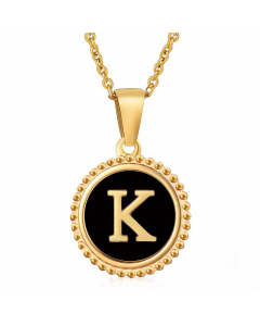 Simple Style Round Letter Inlay Shell Pendant Stainless Steel Necklace Colorza-Black-K