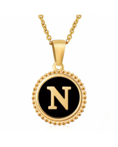 Simple Style Round Letter Inlay Shell Pendant Stainless Steel Necklace Colorza-Black-N