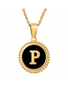 Simple Style Round Letter Inlay Shell Pendant Stainless Steel Necklace Colorza-Black-P