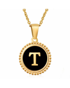 Simple Style Round Letter Inlay Shell Pendant Stainless Steel Necklace Colorza-Black-T