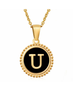 Simple Style Round Letter Inlay Shell Pendant Stainless Steel Necklace Colorza-Black-U