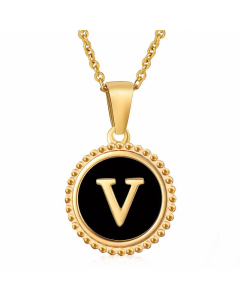 Simple Style Round Letter Inlay Shell Pendant Stainless Steel Necklace Colorza-Black-V