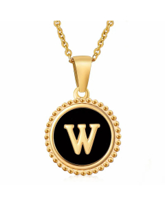 Simple Style Round Letter Inlay Shell Pendant Stainless Steel Necklace Colorza-Black-W