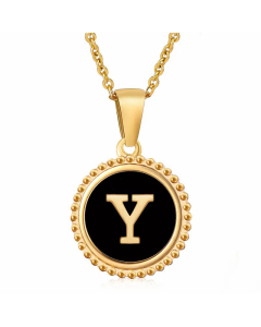 Simple Style Round Letter Inlay Shell Pendant Stainless Steel Necklace Colorza-Black-Y