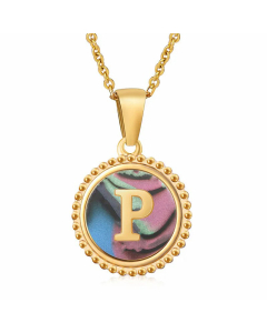 Simple Style Round Letter Inlay Shell Pendant Stainless Steel Necklace Colorza-Multi-color-P