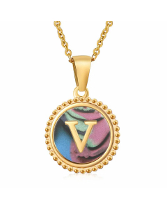 Simple Style Round Letter Inlay Shell Pendant Stainless Steel Necklace Colorza-Multi-color-V