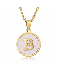 Fashion Round Letter Pendant Pink Shell Inlaid Titanium Steel Necklace Colorza