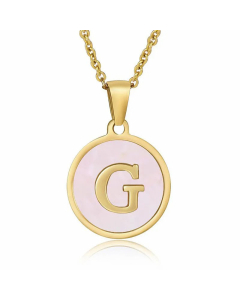 Fashion Round Letter Pendant Pink Shell Inlaid Titanium Steel Necklace Colorza