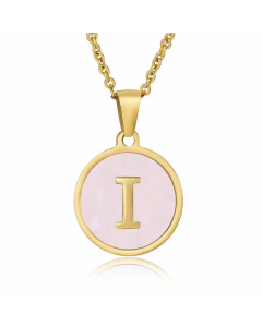 Fashion Round Letter Pendant Pink Shell Inlaid Titanium Steel Necklace Colorza
