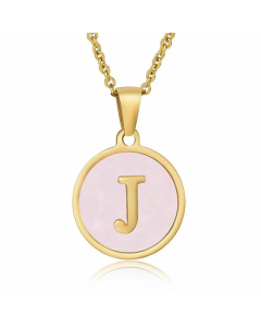 Fashion Round Letter Pendant Pink Shell Inlaid Titanium Steel Necklace Colorza