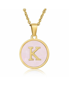 Fashion Round Letter Pendant Pink Shell Inlaid Titanium Steel Necklace Colorza