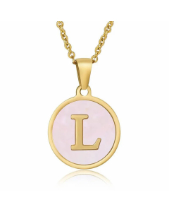 Fashion Round Letter Pendant Pink Shell Inlaid Titanium Steel Necklace Colorza