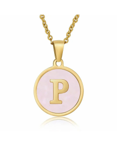 Fashion Round Letter Pendant Pink Shell Inlaid Titanium Steel Necklace Colorza