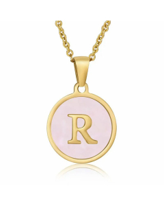 Fashion Round Letter Pendant Pink Shell Inlaid Titanium Steel Necklace Colorza