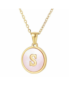 Fashion Round Letter Pendant Pink Shell Inlaid Titanium Steel Necklace Colorza