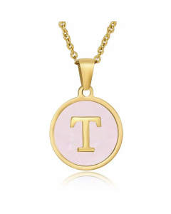 Fashion Round Letter Pendant Pink Shell Inlaid Titanium Steel Necklace Colorza