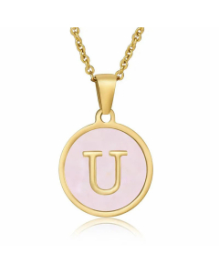 Fashion Round Letter Pendant Pink Shell Inlaid Titanium Steel Necklace Colorza