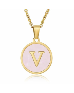 Fashion Round Letter Pendant Pink Shell Inlaid Titanium Steel Necklace Colorza