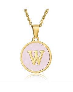 Fashion Round Letter Pendant Pink Shell Inlaid Titanium Steel Necklace Colorza