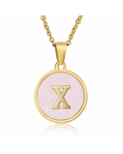 Fashion Round Letter Pendant Pink Shell Inlaid Titanium Steel Necklace Colorza