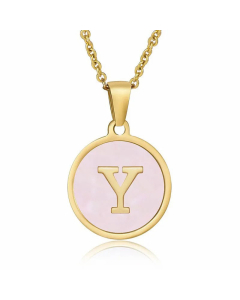 Fashion Round Letter Pendant Pink Shell Inlaid Titanium Steel Necklace Colorza