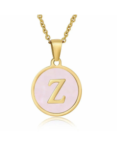 Fashion Round Letter Pendant Pink Shell Inlaid Titanium Steel Necklace Colorza