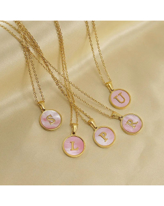 Fashion Round Letter Pendant Pink Shell Inlaid Titanium Steel Necklace Colorza