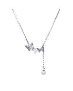 Temperament Butterfly Inlay Artificial Pearls Rhinestones Pendant Titanium Steel Necklace Colorza