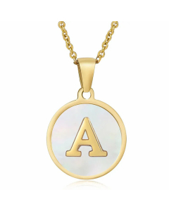 Fashion Round Letter Shell Inlaid Stainless Steel Plating Necklace -White-A