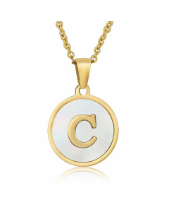 Fashion Round Letter Shell Inlaid Stainless Steel Plating Necklace -White-C
