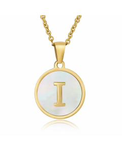 Fashion Round Letter Shell Inlaid Stainless Steel Plating Necklace -White-I
