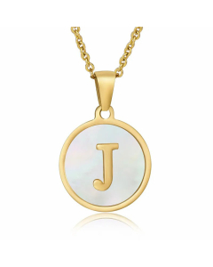 Fashion Round Letter Shell Inlaid Stainless Steel Plating Necklace -White-J