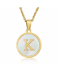 Fashion Round Letter Shell Inlaid Stainless Steel Plating Necklace -White-K