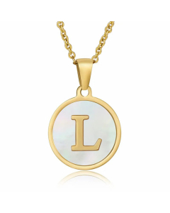 Fashion Round Letter Shell Inlaid Stainless Steel Plating Necklace -White-L