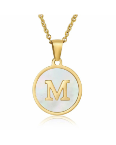 Fashion Round Letter Shell Inlaid Stainless Steel Plating Necklace -White-M
