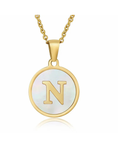 Fashion Round Letter Shell Inlaid Stainless Steel Plating Necklace -White-N