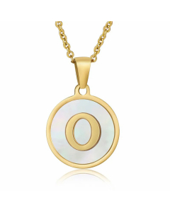 Fashion Round Letter Shell Inlaid Stainless Steel Plating Necklace -White-O